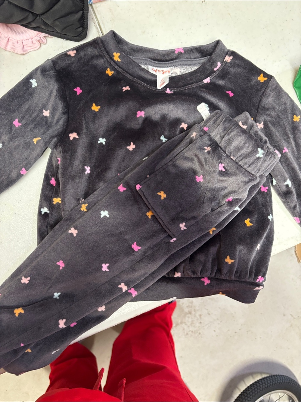 Cat and Jack Charcoal Gray Kids Velour sweatsuit Set with Multicolor butterflies